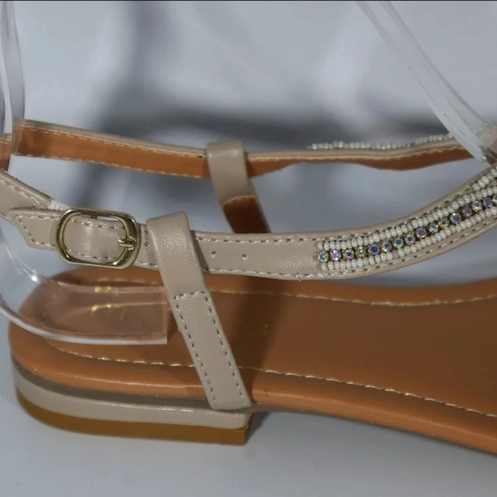 Maurices Beaded Women's Fashion Thong Strappy Sandals, Beige Size 7